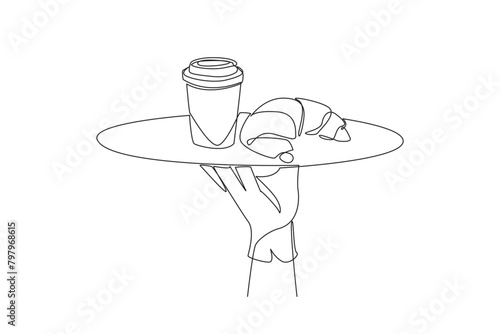Continuous one line drawing the waiter holds a food tray serving croissants and paper coffee cup. Included in the dry cake category. Typical French pastry. Single line draw design vector illustration