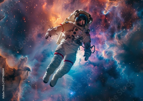 b'Astronaut in a spacesuit floating in the vastness of space'