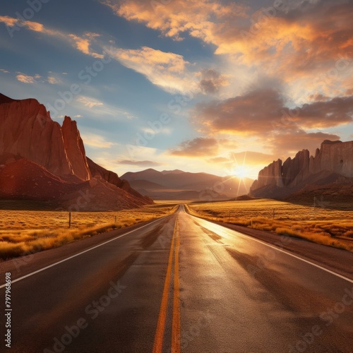 b'The sun sets over a lonely highway in the desert'