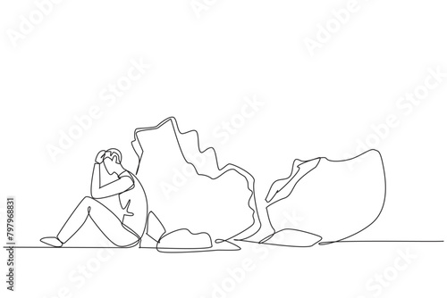 Single one line drawing businessman sit slump next to a large, destroyed piggy bank. Helpless. Not having a good financial plan. Financial problem. Mistake. Continuous line design graphic illustration