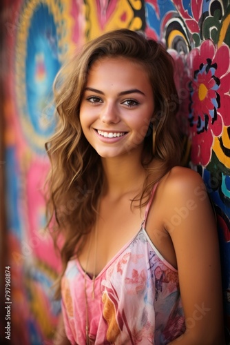b'Portrait of a smiling young woman in front of a colorful mural'