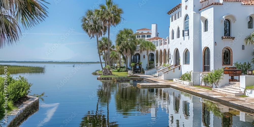 b'Large white house with palm trees by the water'