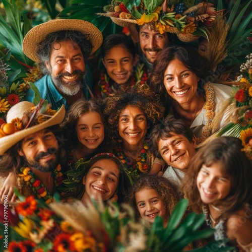 b'Happy multigenerational family wearing straw hats and flower leis' photo
