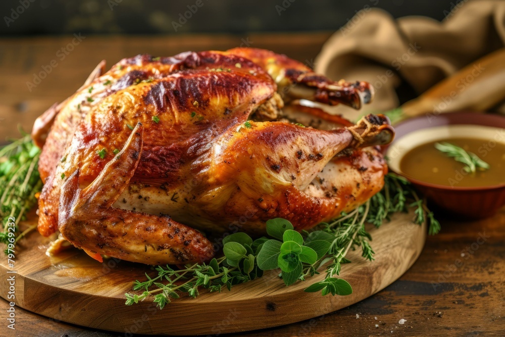 b'Roasted Turkey on a Wooden Cutting Board' b'Roasted Turkey on a Wooden Cutting Board'