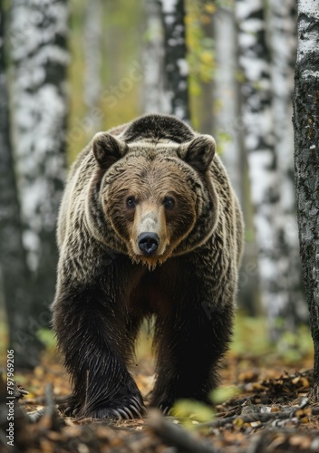 b'Large male grizzly bear walking through the forest'