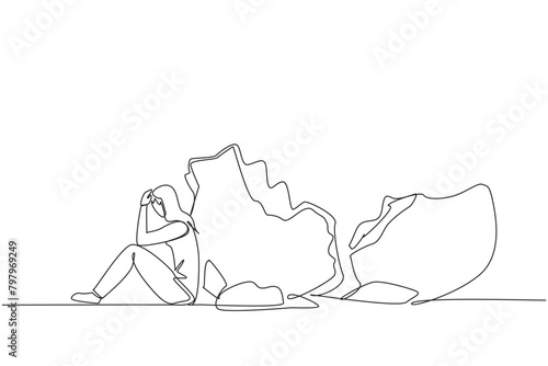 Continuous one line drawing businesswoman sit slump next to a large, destroyed the big piggy bank. Debt. Unable to pay in installments. Bad financial plan. Single line draw design vector illustration
