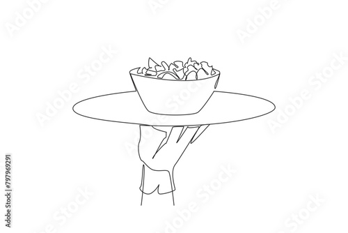 Single continuous line drawing the waiter holds a food tray serving salad. Greek salad. Fresh fruit slices. Served on a bowl. Served cold is more delicious. Tasty. One line design vector illustration