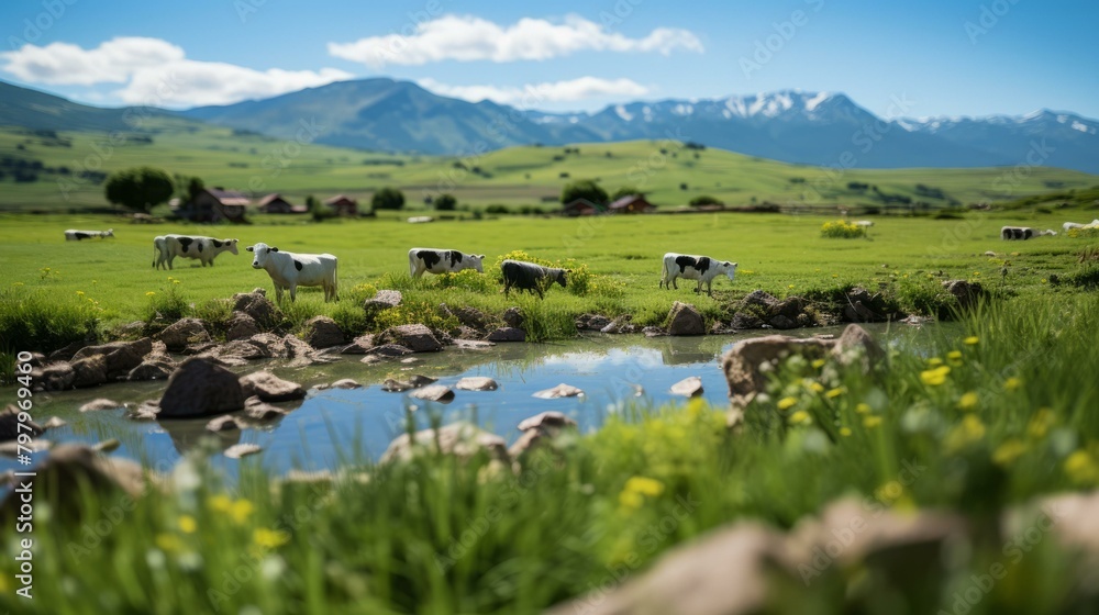 b'Cows grazing in a lush green field near a river on a sunny day with mountains in the distance' b'Cows grazing in a lush green field near a river on a sunny day with mountains in the distance'