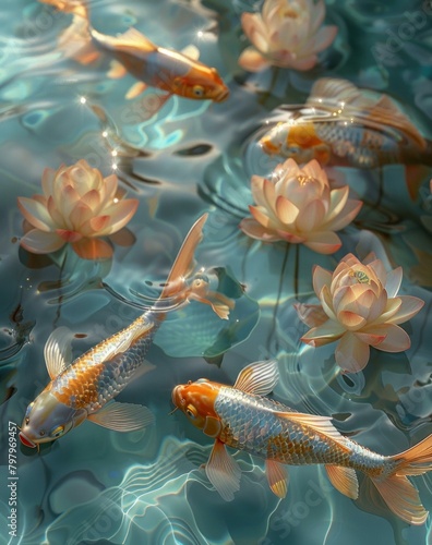 b'Colorful\xe9\x94\xa6\xe9\xb2\xa4\xe9\xb1\xbcswimming in a pond with beautiful lotuses' photo