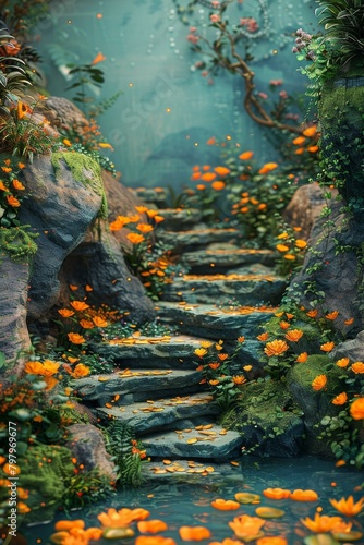 Mystical stone path through a magical forest
