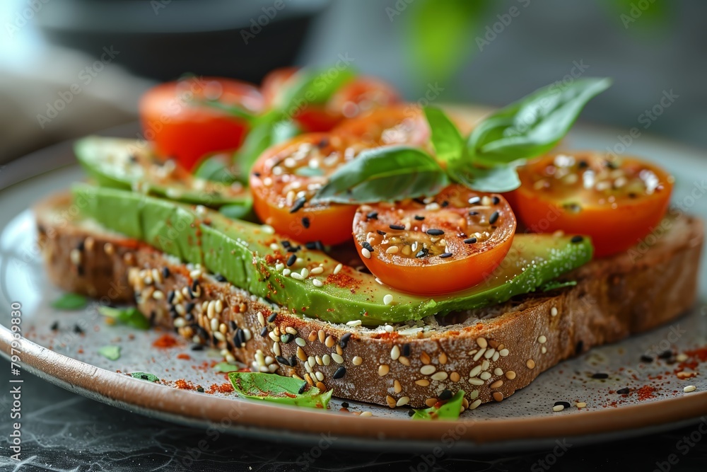 Avocado toast with cherry tomatoes on plate Avocado toast with cherry tomatoes on plate