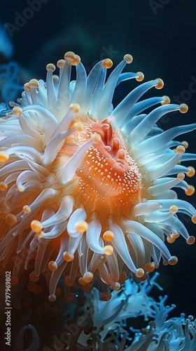 b'A beautiful sea anemone with white and orange tentacles'