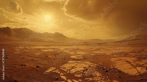 b'A barren desert landscape with a large sun in the sky' photo