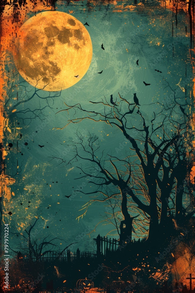 b'Full moon night with bats and spooky trees' b'Full moon night with bats and spooky trees'