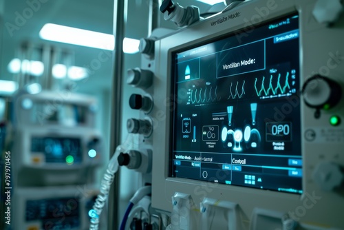 Illuminated Ventilator Interface in a Hospital Setting Displaying Critical Readings