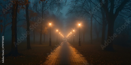 Foggy park alley with vintage lamp posts at night