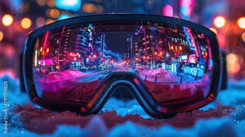 Against a deep, pitch-black background, a pair of ski goggles emerges, their lenses reflecting a sprawling graffiti-tagged cityscape under the night sky. photo