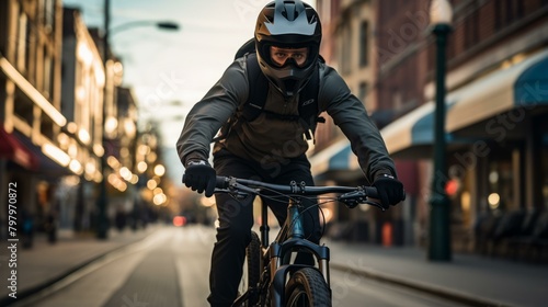 b'A cyclist rides his bike down a city street'
