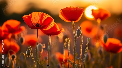 b'Field of red poppies at sunset'