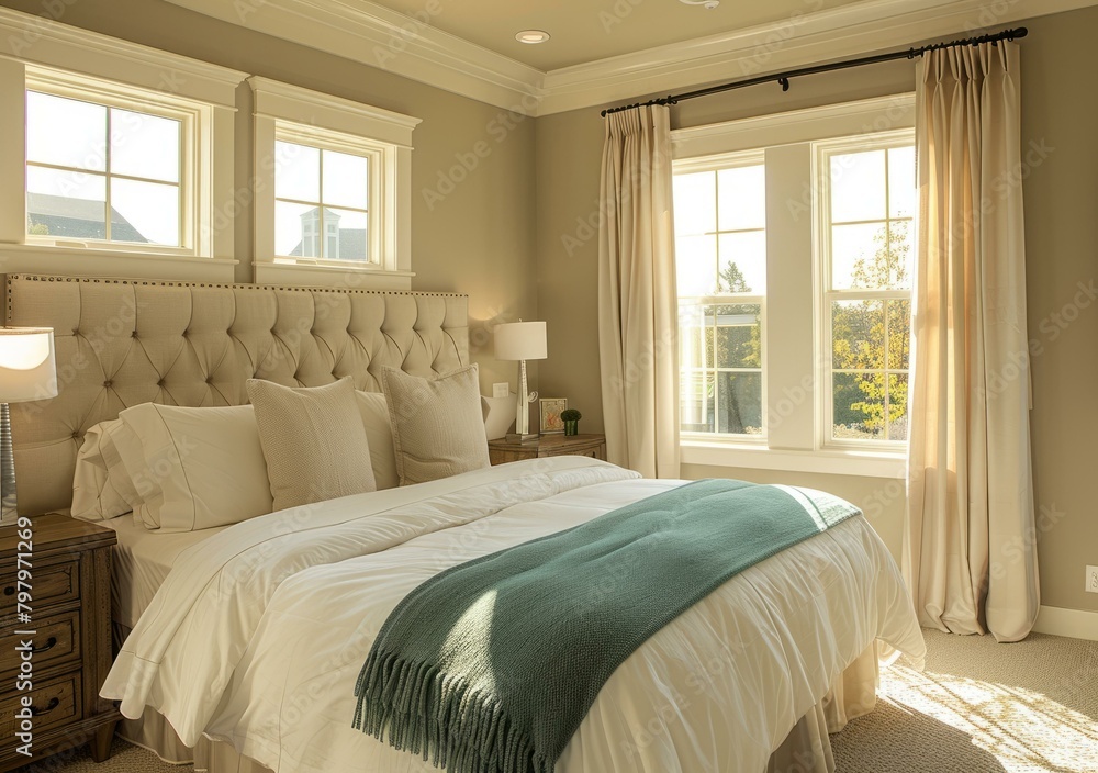 b'Elegant master bedroom with large windows and a tufted headboard'