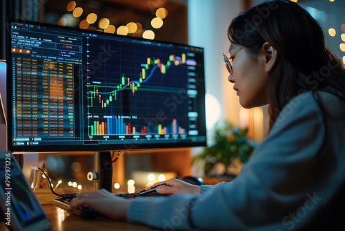 Side view of female trader working on computer at night in home office to trade crypto market on digital trading platform.Business concept for online stock trading.