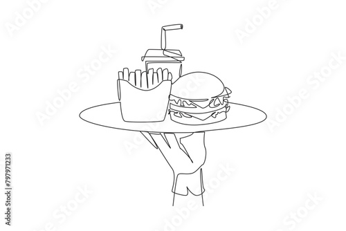Continuous one line drawing waiter holds food tray serving french fries soft drinks and burger. Fast food. It is not good for body if consumed too often. Single line draw design vector illustration