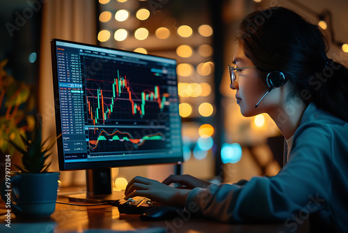 Portrait of young businesswoman working on computer at night to trade forex market on digital trading platform.Business concept for online stock trading.