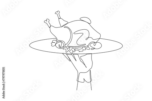 Single one line drawing the waiter holds food tray serving roast chicken. Foods that can be consumed while on a diet. Chicken with whole pieces. Delicious. Continuous line design graphic illustration