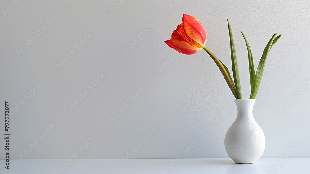 Beautiful floral background featuring a stunning tulip flower in a white vase set against a white backdrop perfect for Mother s Day messages with ample space for your text Beautiful floral background featuring a stunning tulip flower in a white vase set against a white backdrop perfect for Mother s Day messages with ample space for your text