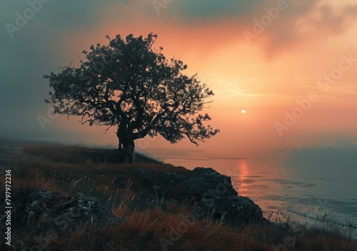 b Lonely tree on a hill during sunset 