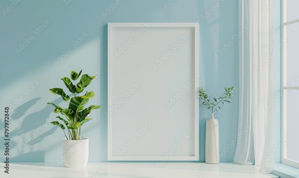A blank image frame mockup on a soft sky blue wall