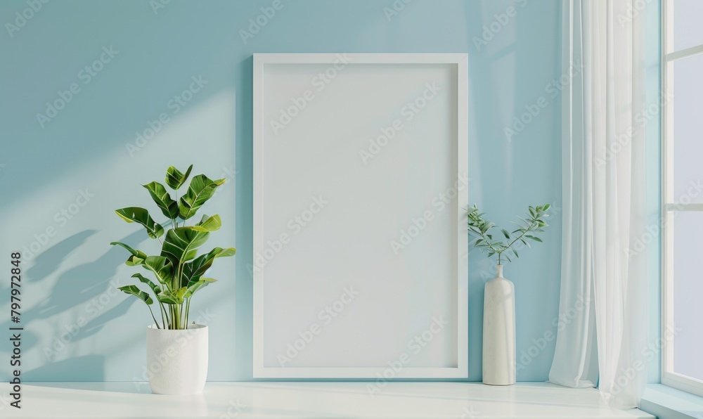 A blank image frame mockup on a soft sky blue wall A blank image frame mockup on a soft sky blue wall