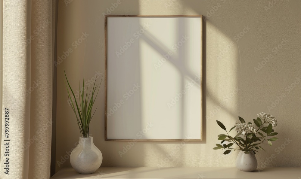 A blank image frame mockup on a soft taupe wall in a minimalistic modern interior room A blank image frame mockup on a soft taupe wall in a minimalistic modern interior room