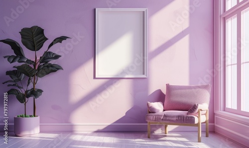 A blank image frame mockup on a soft lilac wall