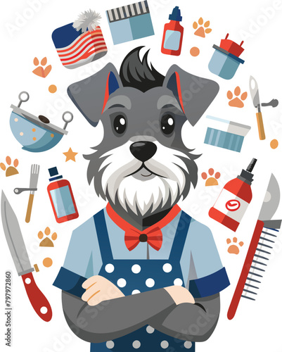 Cute dog with a set of barber tools. Vector illustration.