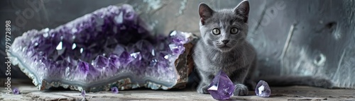 A gray kitten sits next to an amethyst crystal photo