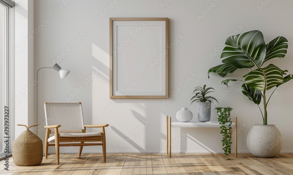 A blank image frame mockup on a white wall in a minimalistic modern interior room A blank image frame mockup on a white wall in a minimalistic modern interior room