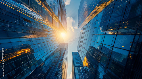 Picture of modern skyscrapers of a smart city, futuristic financial district with buildings and reflections , blue color background for corporate and business template with warm sun rays of light photo