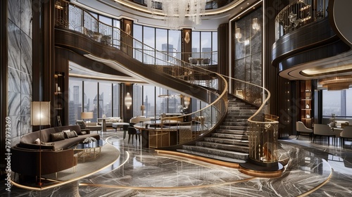 b'Luxury hotel lobby interior with marble staircase and modern furniture' photo