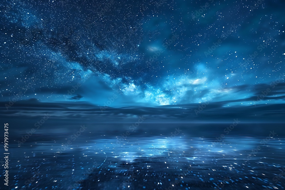 Long exposure nightscape photograph showcasing a breathtaking panorama of a starry night sky reflected on the tranquil surface of a vast ocean.
