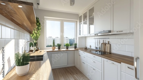 Interior of kitchen with white furniture and wooden counter and elements in modern apartment