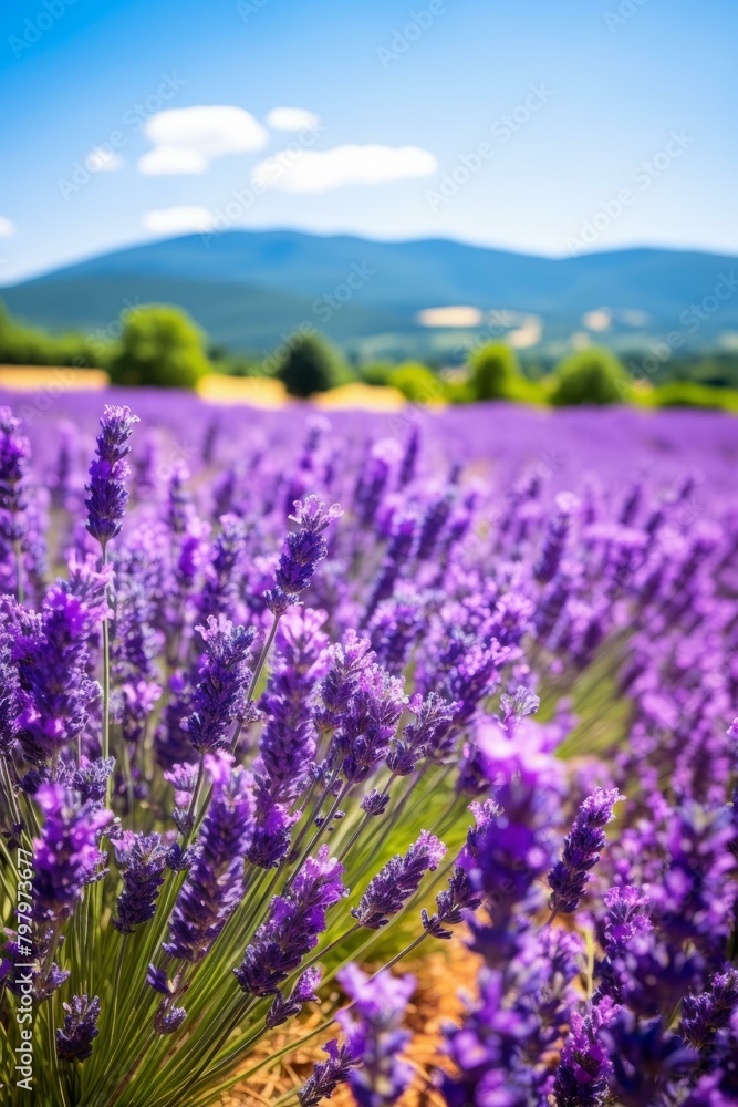 b'Field of lavender with mountains in the distance'