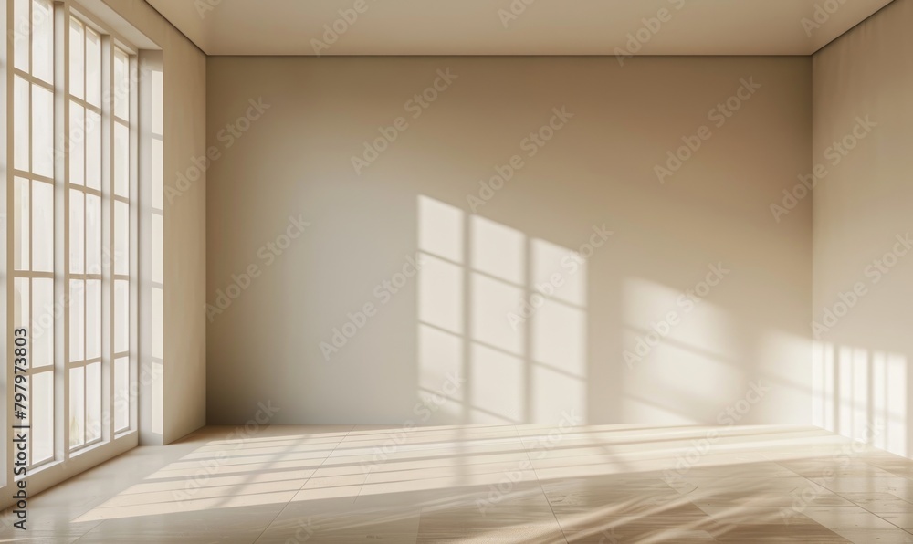 A minimalist modern interior room with light taupe walls A minimalist modern interior room with light taupe walls