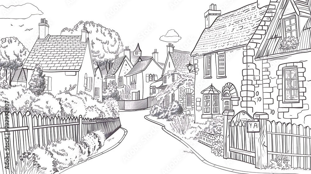 A black and white line drawing of a quaint English village street with traditional cottages and a picket fence in the foreground.