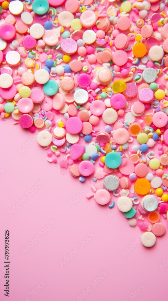 b'Colorful sprinkles on a pink background'