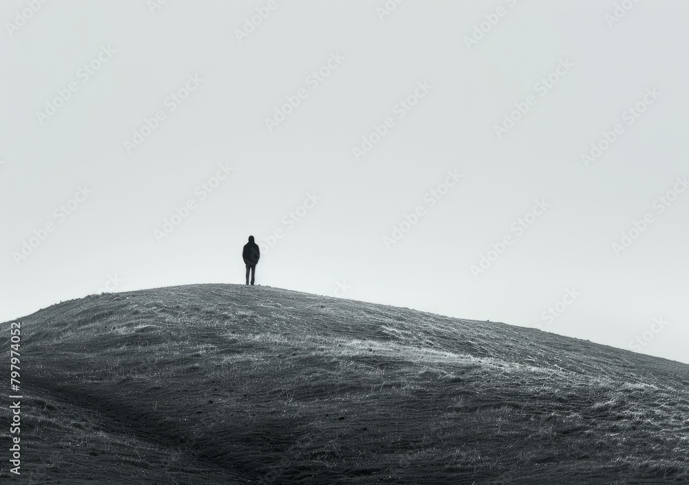 b'Man standing alone on a hilltop overlooking a vast landscape'