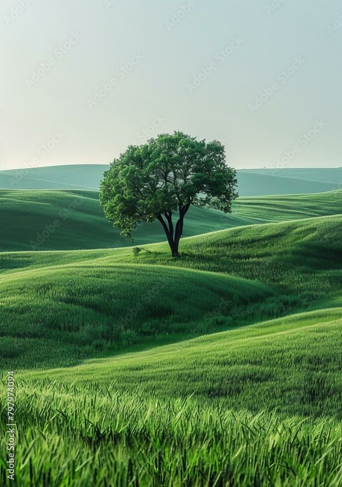Obraz premium b'Lonely Tree Standing in a Vast Green Field'