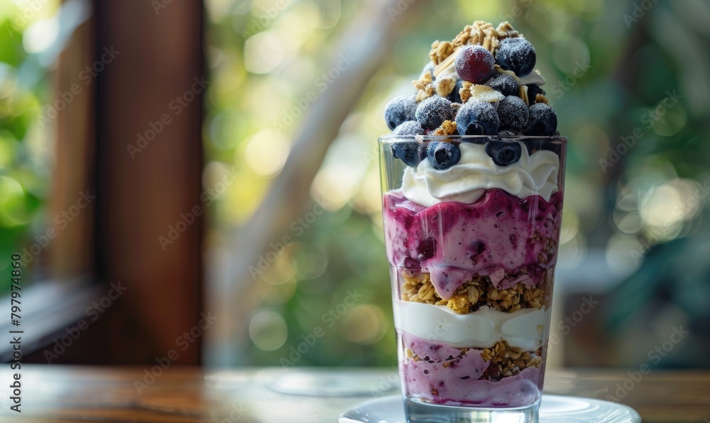 Blueberry parfait layered with yogurt and granola Blueberry parfait layered with yogurt and granola