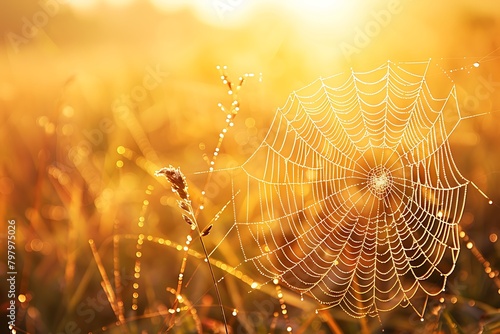 Macro shot of a dew-kissed meadow at dawn, showcasing delicate spiderwebs glistening in the golden light, highlighting the intricate details of nature.