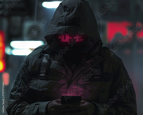 A mysterious figure wearing a black hoodie and a mask with glowing red lights stands in the rain, holding a phone. photo